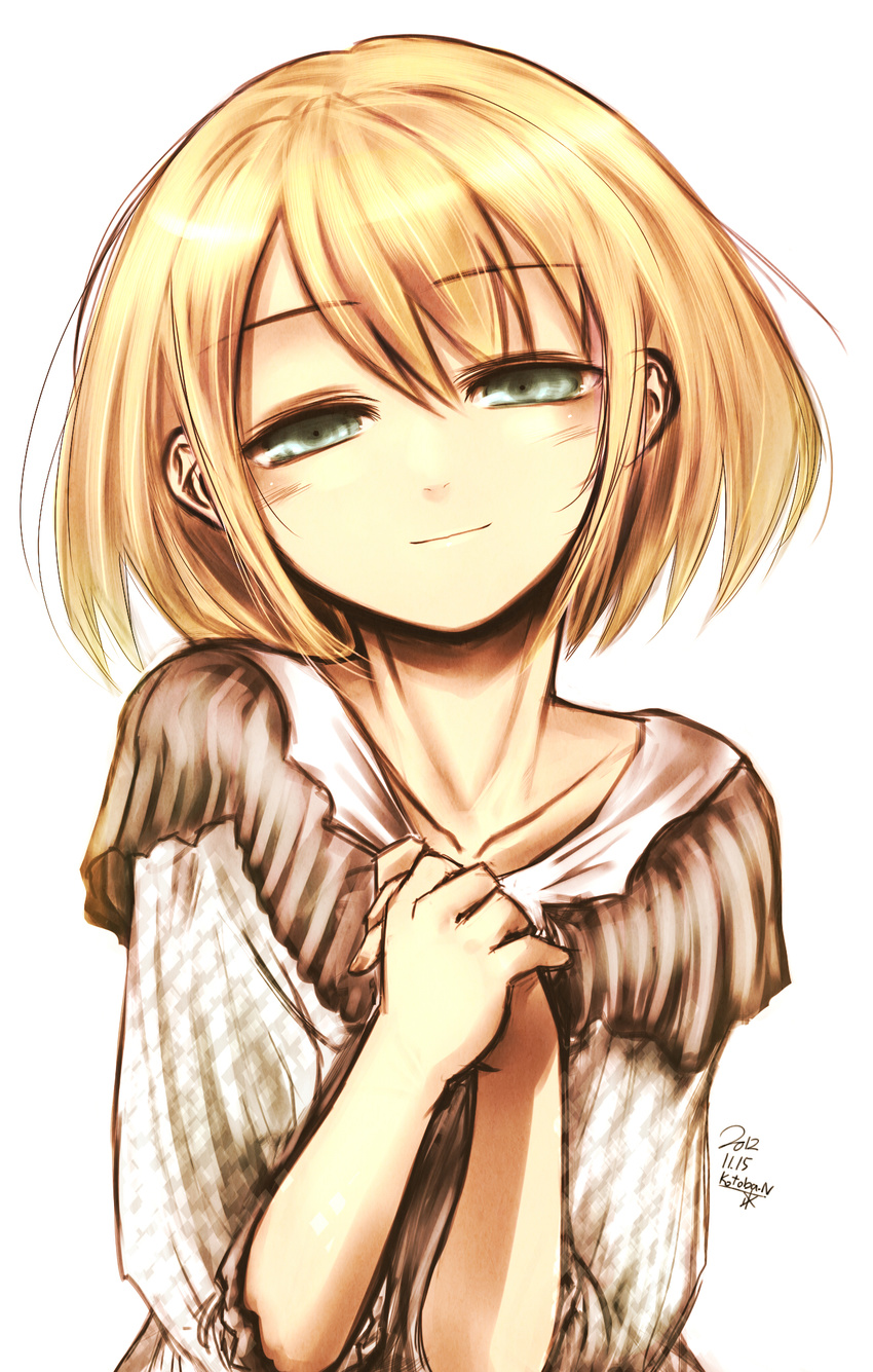 blonde_hair blush collarbone dated green_eyes highres kotoba_noriaki looking_at_viewer original short_hair signature smile solo upper_body white_background