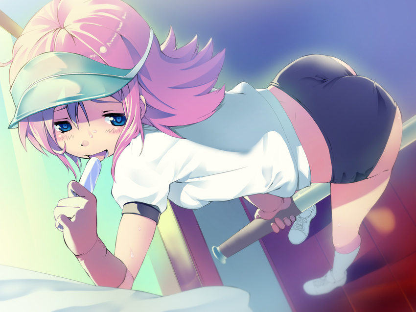 :d ass back baseball_bat bent_over between_thighs blue_eyes blush buruma daibanchou food from_above gloves gym_uniform highres kneehighs licking looking_back masturbation negishi_nanana open_mouth pink_hair popsicle revision sexually_suggestive shoes short_hair smile sneakers socks solo standing straddling sweat tam-u tongue visor_cap window