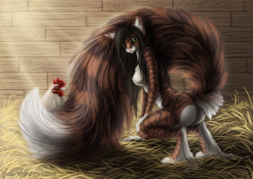 anthro avian big_tail bird breasts brown_fur cat chicken feline female feral fluffy_tail fur green_eyes hay long_tail looking_at_viewer mammal naira nipples nude pose remmmy stripes whiskers wood