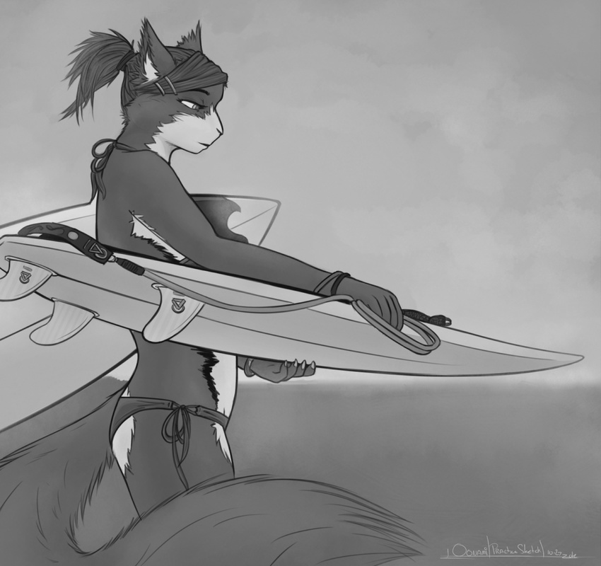 ami bikini body_markings bracelet breasts clothed clothing cute female greyscale hair_clips hairclip jewelry leash long_tail mammal markings monochrome oonami ponytail rodent side-tie_bikini side-tie_panties simple_background skimpy solo squirrel surf_board surfboard swimsuit tight_clothing