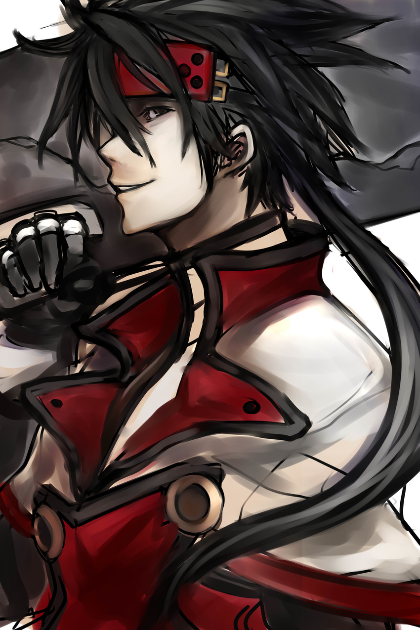 absurdres black_hair capelet early_type forehead_protector gloves guilty_gear highres long_hair male_focus order-sol over_shoulder ponytail sol_badguy solo sword sword_over_shoulder weapon weapon_over_shoulder