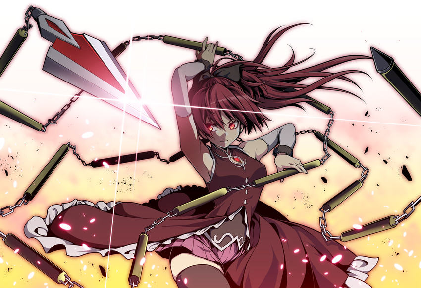 arm_up armpits bare_shoulders black_legwear bow detached_sleeves glint gradient gradient_background hair_bow highres holding long_hair magical_girl mahou_shoujo_madoka_magica outline outstretched_arm red_eyes red_hair sakura_kyouko skirt solo thighhighs uousa-ou weapon