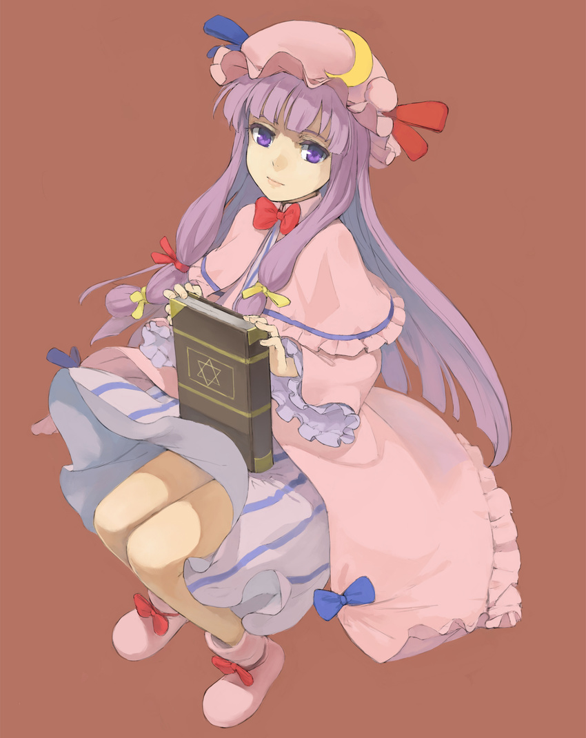 book boots capelet crescent dress full_body hair_ribbon hat hexagram highres kuroko_(piii) lips long_hair patchouli_knowledge purple_eyes purple_hair ribbon simple_background solo star_of_david touhou