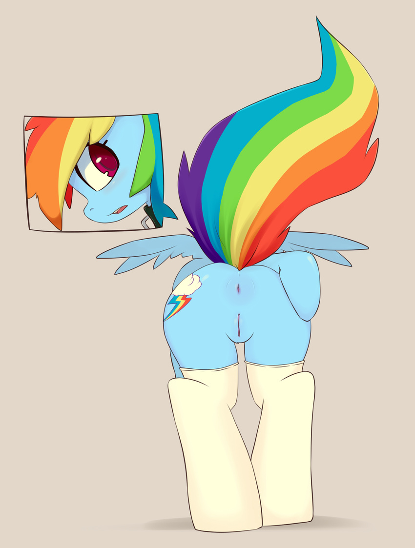 2012 anus bent_over blue_fur butt collar equine female friendship_is_magic hair horse looking_at_viewer multi-colored_hair my_little_pony pegasus plain_background pony presenting presenting_hindquarters purple_eyes pussy rainbow_dash_(mlp) rainbow_hair smitty_g sock solo stockings wings