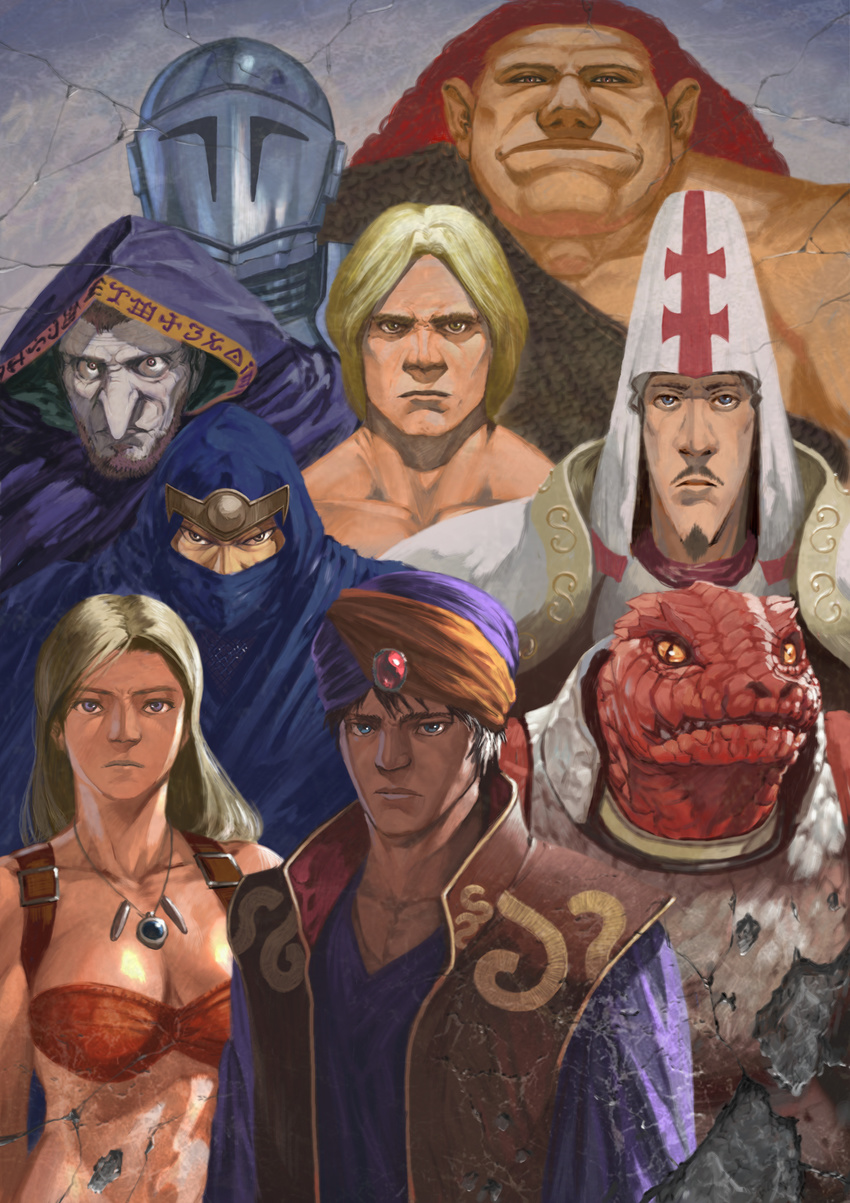 6+boys 90s amazon armor barbarian blonde_hair blue_eyes bra breasts brown_eyes cape character_request collarbone damaged dark_skin fantasy faux_traditional_media gem green_eyes hat helmet highres jewelry knight large_breasts lizardman long_hair looking_at_viewer magic_sword manly medieval monster multiple_boys muscle necklace ninja oggy ogre oldschool priest realistic red_hair serious soldier sorcerer tunic turban underwear vest warrior