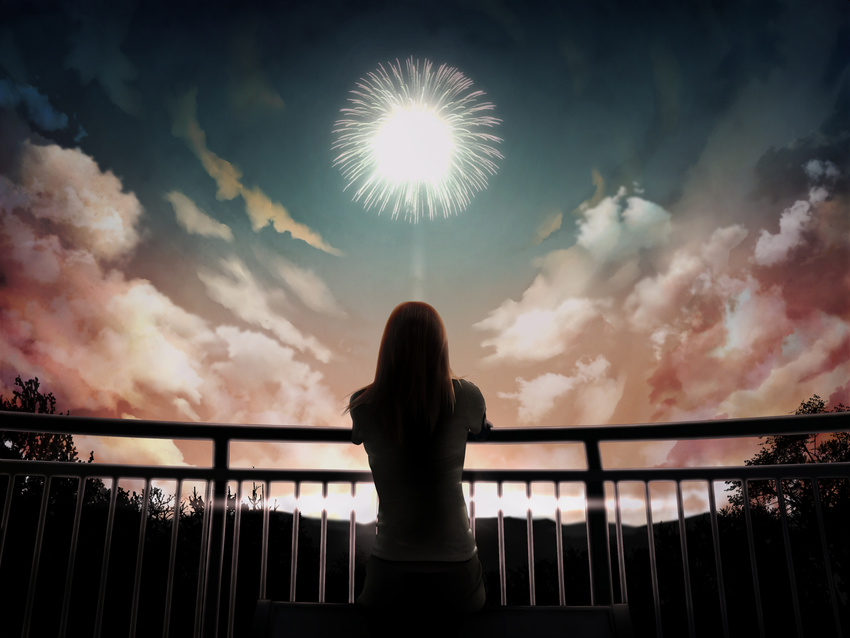 brown_hair cloud fireworks highres hono_mochizuki long_hair original scenery sky solo sunset