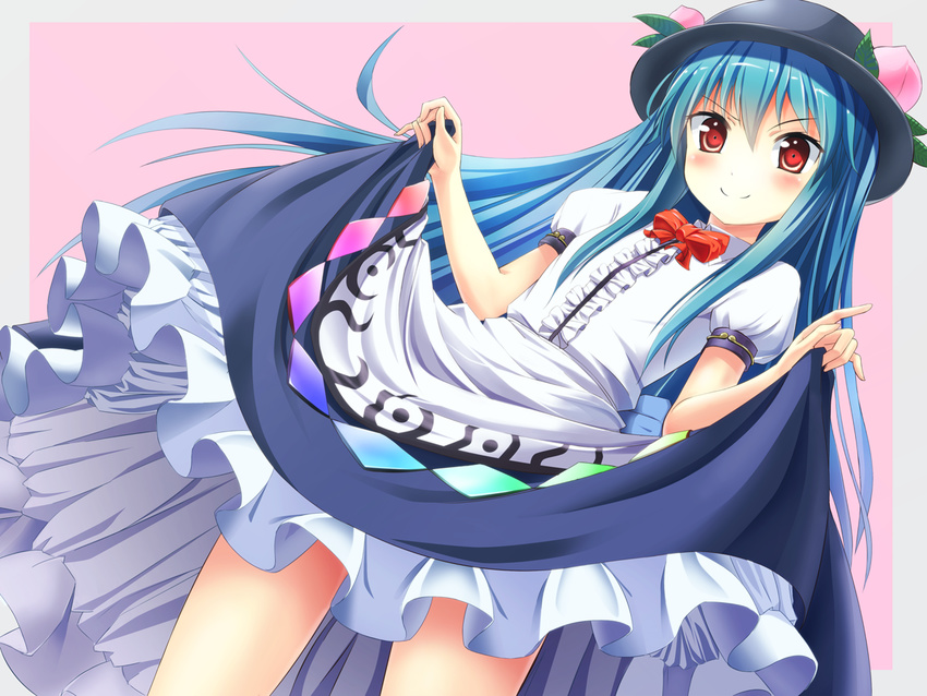 &gt;:) blue_hair blush bow bug_(artist) dress dress_lift food fruit hat hinanawi_tenshi long_hair peach pink_background red_eyes smile solo touhou v-shaped_eyebrows