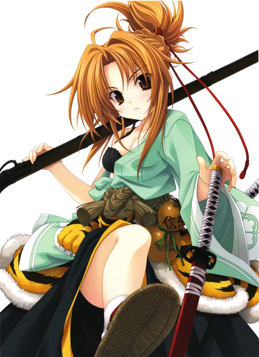 1girl :&lt; absurdres antique_firearm arquebus black_bra blonde_hair bra breasts cleavage firearm fur_coat gourd gun highres japanese_clothes katana legs miyama-zero oda_nobuna oda_nobuna_no_yabou rifle solo sword underwear weapon yellow_eyes