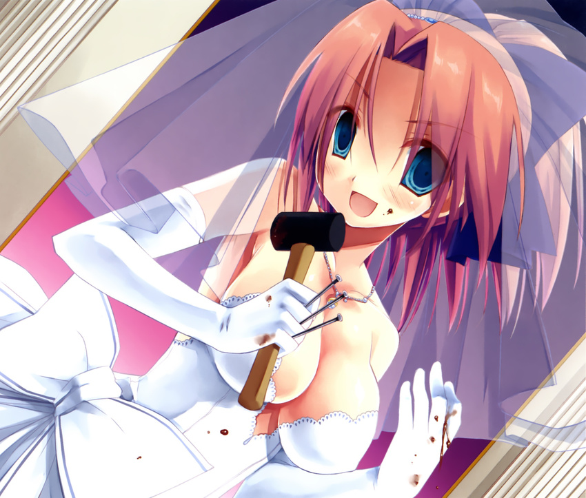 bare_shoulders blood blood_on_face blue_eyes breasts bridal_veil cleavage dress elbow_gloves empty_eyes gloves hair_ornament hammer highres jewelry koumoto_ayase large_breasts miyasu_risa necklace official_art pink_hair ponytail ribbon solo veil weapon wedding_dress white_dress yandere yandere_no_onna_no_ko_ni_shinu_hodo_aisarete_nemurenai_cd