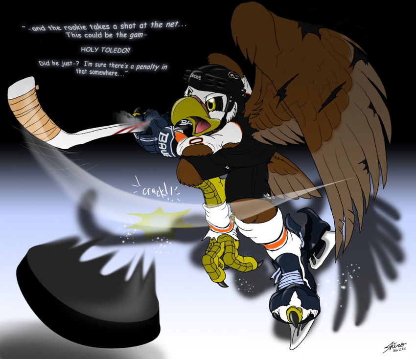 avian bald_eagle beak bird catmonkshiro clothing eagle english_text hockey hockey_puck hockey_stick ice male pheagle philadelphia_flyers shirt socks talons text torn_clothing transformation wings