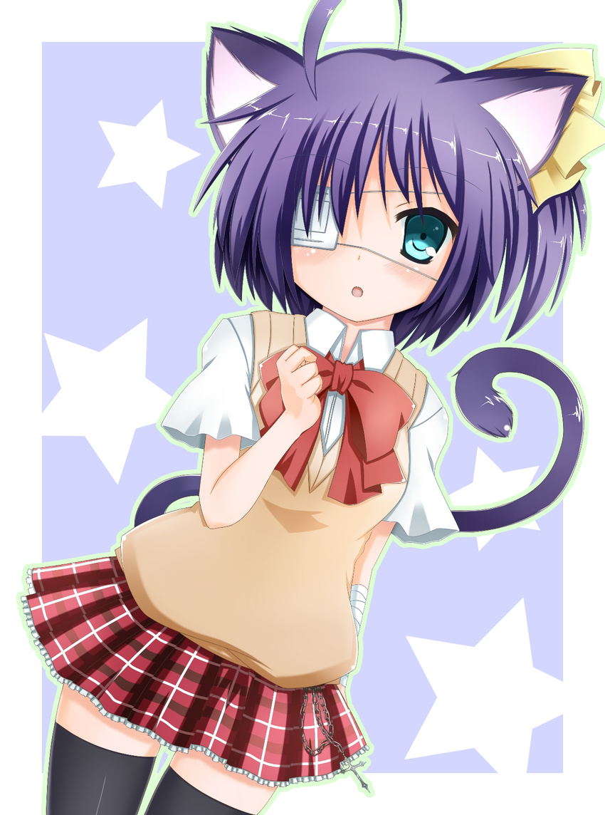 :o ahoge animal_ears black_hair black_legwear blue_eyes blush cat_ears cat_tail chuunibyou_demo_koi_ga_shitai! cross eyepatch highres kemonomimi_mode one_side_up outline plaid plaid_skirt school_uniform shinhoya skirt solo star sweater_vest tail takanashi_rikka thighhighs