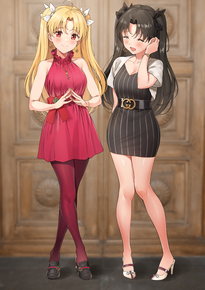2girls :d absurdres ameyame bangs bare_legs belt black_dress black_footwear black_hair black_ribbon blonde_hair blurry blush bracelet breasts cleavage closed_mouth collarbone commentary cross crossed_legs depth_of_field dress earrings ereshkigal_(fate/grand_order) eyes_closed fate/grand_order fate_(series) hair_ribbon hand_up high_heels highres ishtar_(fate/grand_order) jewelry legs_crossed long_hair looking_at_viewer medium_breasts multiple_girls necklace open_mouth pantyhose parted_bangs red_dress red_eyes red_legwear red_ribbon ribbon shoes short_sleeves shrug_(clothing) siblings sisters smile standing steepled_fingers striped striped_dress thighs two_side_up watson_cross white_footwear white_ribbon