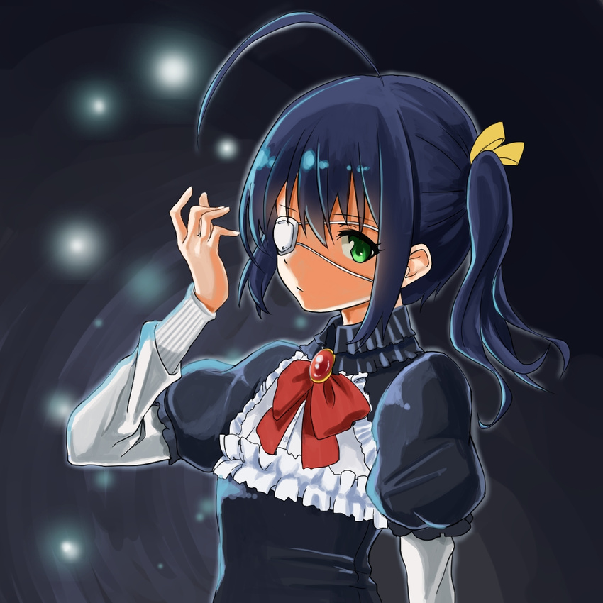 ahoge bad_id bad_pixiv_id black_hair chuunibyou_demo_koi_ga_shitai! eyepatch green_eyes highres light_particles one_side_up outline puffy_sleeves solo takanashi_rikka yu_tin