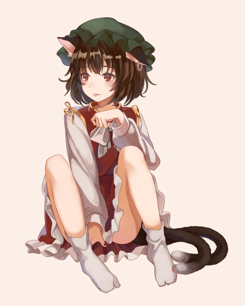 1girl animal_ears bow bowtie brown_eyes brown_hair cat_ears cat_tail chen chinese_clothes commentary_request frilled_skirt frills green_hat hat highres jewelry long_sleeves mob_cap multiple_tails nekomata red_skirt red_vest sero3eta shirt short_hair simple_background single_earring sitting skirt socks solo tail touhou two_tails vest white_legwear white_shirt