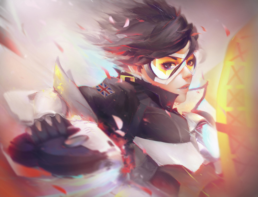 1girl asevc bangs black_gloves bomber_jacket brown_hair brown_jacket gloves goggles highres jacket lips overwatch parted_lips solo swept_bangs tracer_(overwatch) union_jack