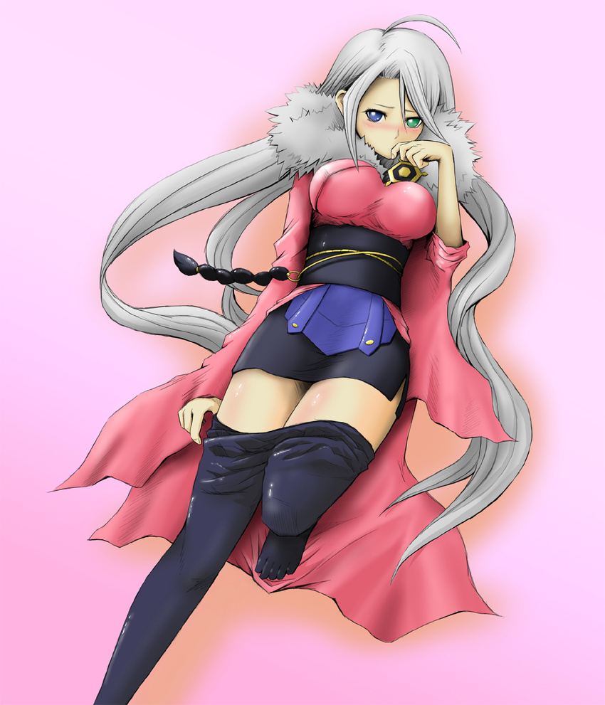1girl blue_eyes blush boranchi breasts duel_monster green_eyes heterochromia highres japanese_clothes large_breasts legs pantyhose solo spellbreaker_of_the_ice_barrier undressing white_hair yu-gi-oh!