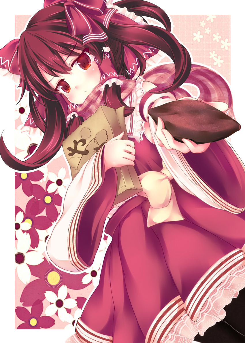 bag black_legwear blush brown_hair detached_sleeves food grocery_bag hair_ribbon hair_tubes hakurei_reimu highres holding long_hair odero pantyhose plaid plaid_scarf red_eyes ribbon scarf shopping_bag solo sweet_potato touhou