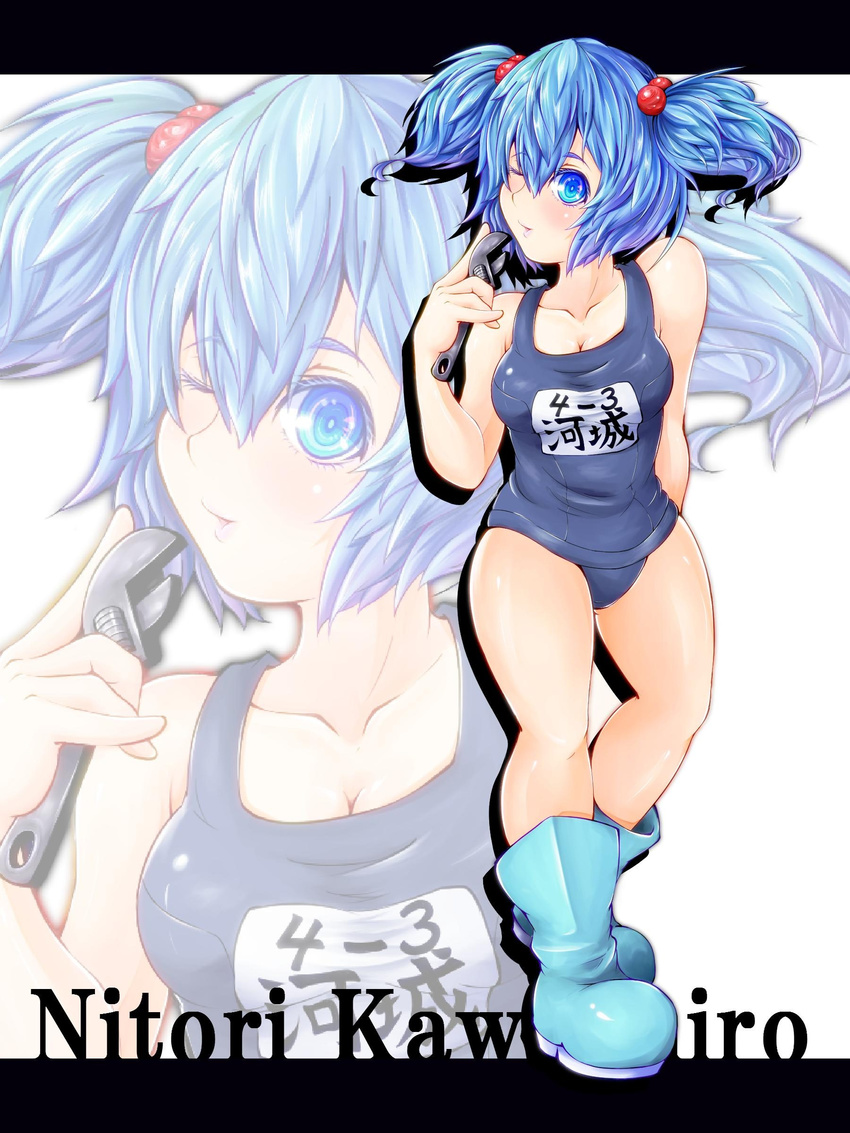 absurdres adjustable_wrench blue_eyes blue_hair boots breasts character_name hair_bobbles hair_ornament highres kawashiro_nitori medium_breasts no_hat no_headwear one-piece_swimsuit one_eye_closed open_mouth school_swimsuit short_hair solo swimsuit totosehi touhou two_side_up wrench zoom_layer