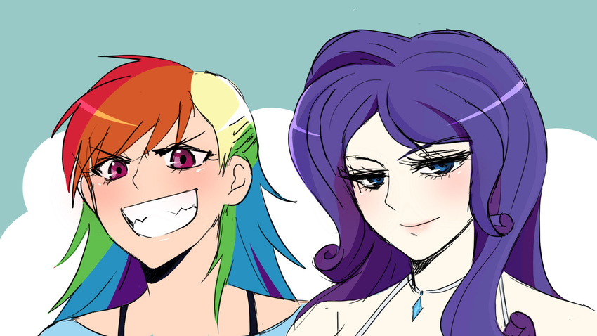 &gt;:) banned_artist blue_eyes eyelashes face gem grin highres jewelry multicolored_hair multiple_girls my_little_pony my_little_pony_friendship_is_magic necklace personification purple_eyes purple_hair rainbow_dash rainbow_hair rarity reef smile v-shaped_eyebrows