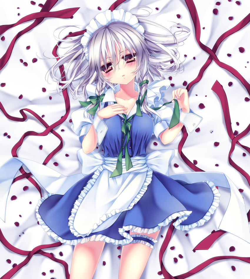 apron bad_id bad_pixiv_id blush braid collarbone garters highres izayoi_sakuya looking_at_viewer lying maid maid_headdress mikazuki_sara on_back petals red_eyes ribbon silver_hair solo touhou twin_braids waist_apron wrist_cuffs