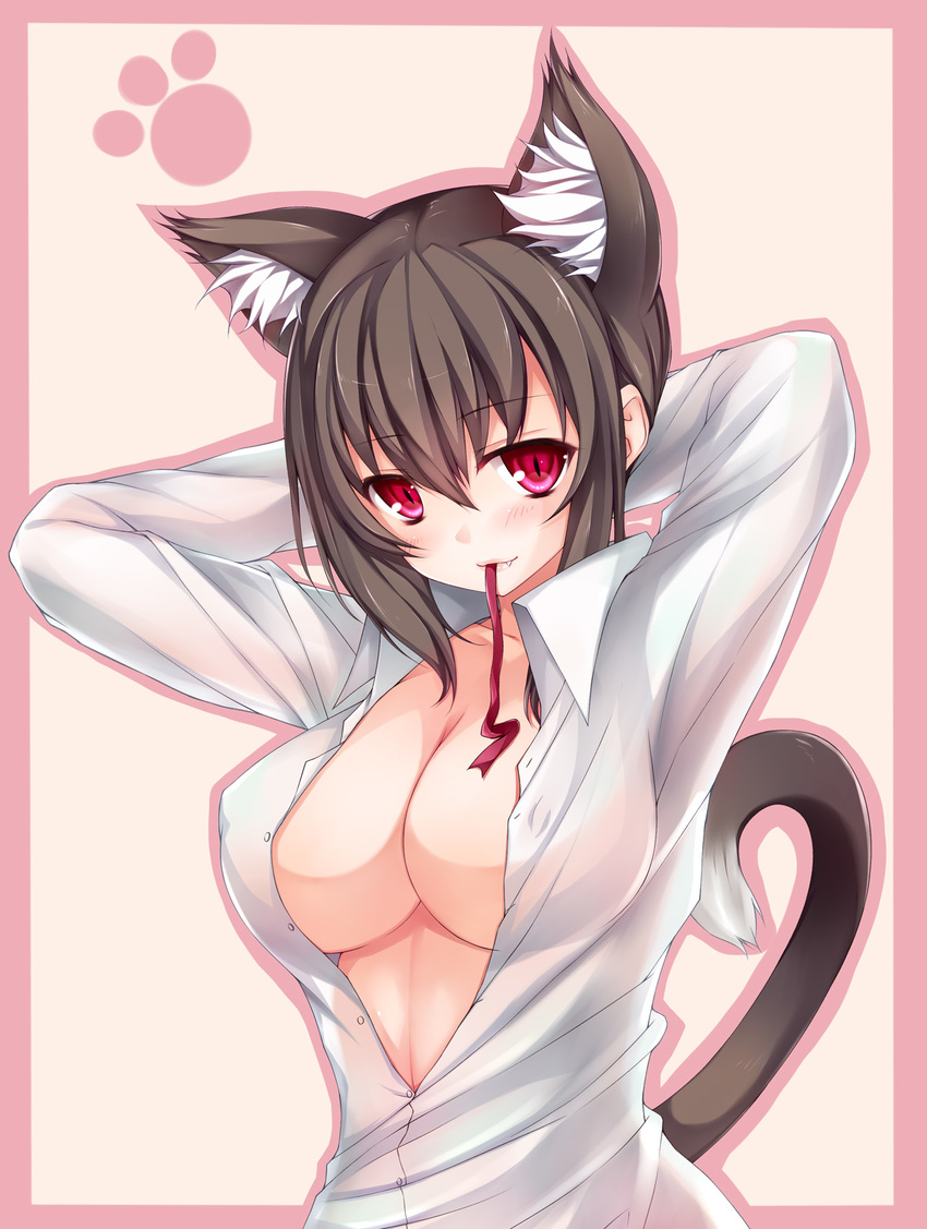 animal_ears arms_up breasts brown_hair cat_ears cat_paws cat_tail cleavage fang hand_behind_head highres large_breasts mouth_hold original outside_border paws rayn red_eyes shirt short_hair smile solo tail unbuttoned white_shirt