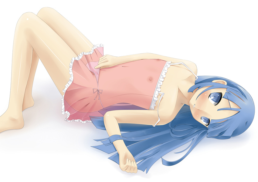 1boy absurdres barefoot blue_eyes blue_hair blush bulge crossdressing highres lingerie long_hair looking_at_viewer lying negligee nipples on_back original panties parted_lips see-through shuffle_(songdatiankong) side-tie_panties simple_background trap underwear underwear_only white_background