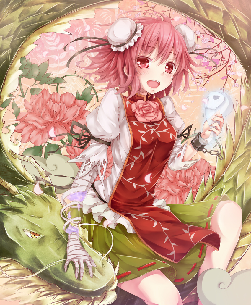 :d amputee bandages blush bun_cover chain cherry_blossoms cuffs dabadhi double_bun dragon eastern_dragon false_arm false_limb flower highres hitodama ibaraki_kasen looking_at_viewer open_mouth peony_(flower) petals pink_eyes pink_flower pink_hair pink_rose revision rose shackles short_hair smile solo tabard touhou