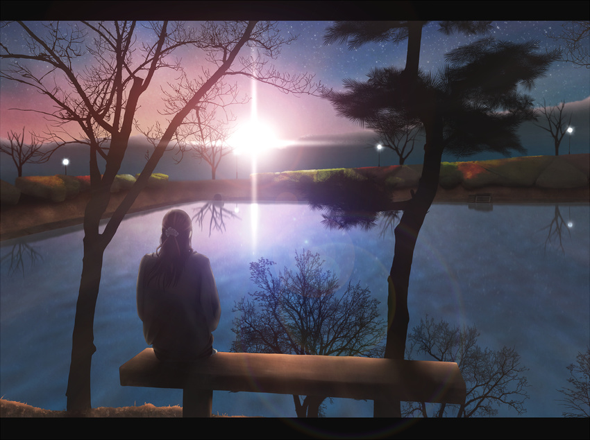 bench brown_hair highres hono_mochizuki lake landscape original scenery sky star_(sky) sunrise tree water