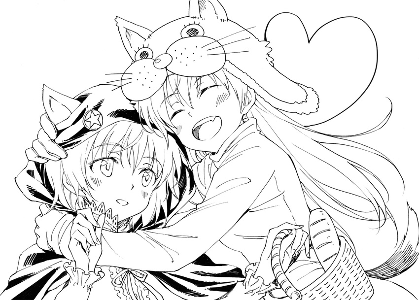 :d agahari animal_costume animal_hat basket big_bad_wolf big_bad_wolf_(cosplay) big_bad_wolf_(grimm) bread capelet closed_eyes cosplay eila_ilmatar_juutilainen fang food greyscale hand_on_another's_head hat heart highres hood hug lineart little_red_riding_hood little_red_riding_hood_(grimm) little_red_riding_hood_(grimm)_(cosplay) long_hair monochrome multiple_girls open_mouth sanya_v_litvyak short_hair smile strike_witches wolf_costume world_witches_series