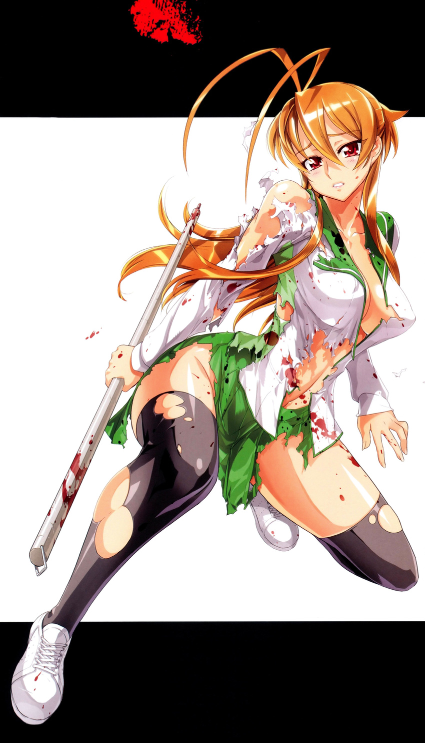 absurdres blood breasts brown_hair female highres highschool_of_the_dead large_breasts long_hair miyamoto_rei official_art red_eyes satou_shouji school_uniform school_uniformsolo shoes sneakers solo standing thighhighs torn_clothes uniform