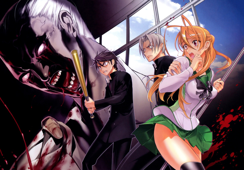 1girl 2boys absurdres brown_hair highres highschool_of_the_dead igou_hisashi komuro_takashi long_hair miyamoto_rei multiple_boys official_art satou_shouji zombie