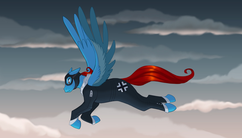 captain equine eyewear feral friendship_is_magic fur goggles hair horse insignia iron_cross luftstreitkr&#228;fte male mammal mane my_little_pony nazi pegasus pony red_eyes red_hair simple_background solo thiscrispykat uniform wings yellow_eyes