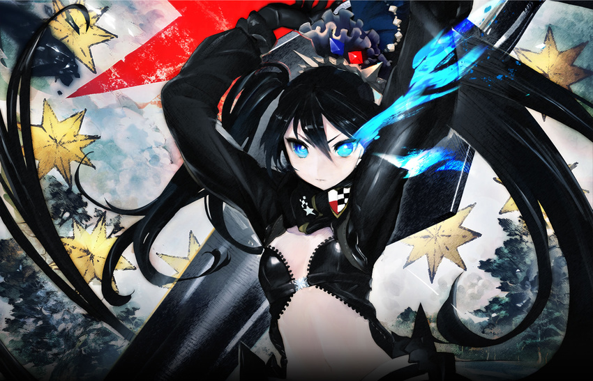 black_hair black_rock_shooter black_rock_shooter_arcana blue_eyes huke long_hair navel twintails