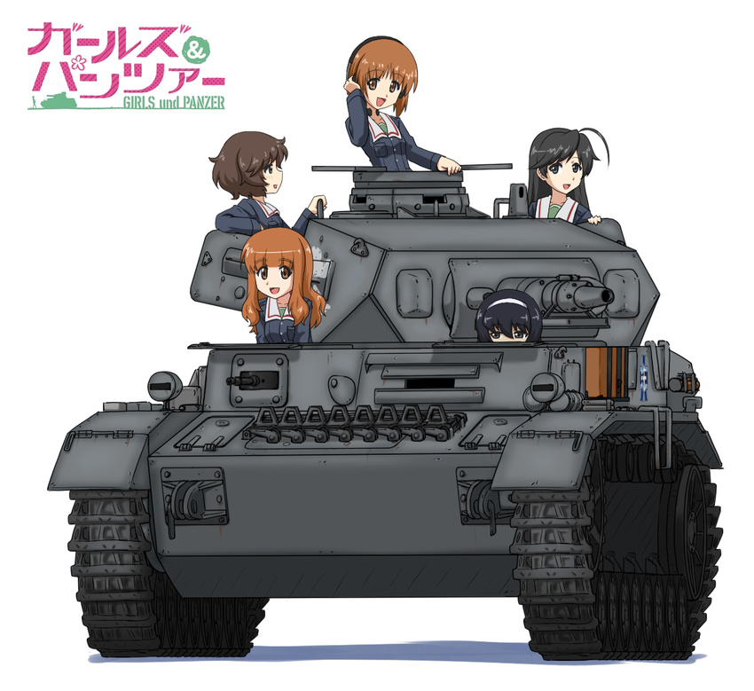 ahoge akiyama_yukari bangs black_eyes black_hair blue_jacket blunt_bangs brown_eyes brown_hair caterpillar_tracks copyright_name emblem girls_und_panzer goriate green_shirt ground_vehicle hairband headphones isuzu_hana jacket long_hair long_sleeves looking_at_viewer messy_hair military military_uniform military_vehicle motor_vehicle multiple_girls nishizumi_miho ooarai_military_uniform open_mouth orange_eyes orange_hair panzerkampfwagen_iv reizei_mako shirt short_hair smile takebe_saori tank throat_microphone uniform white_background