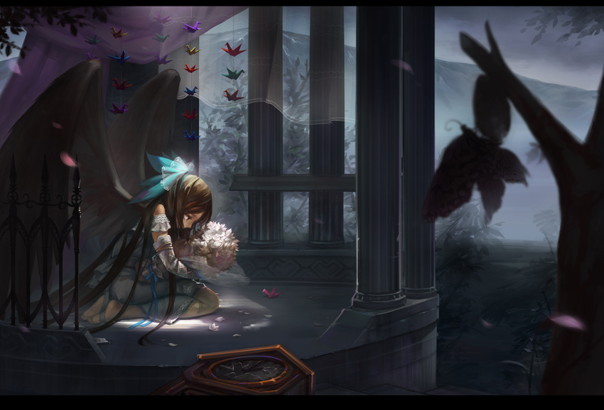 barefoot bouquet bow broken_glass brown_hair cape column flower glass hair_bow highres letterboxed long_hair origami paper_crane pillar reiuji_utsuho s.advent seiza sitting solo tears touhou wings