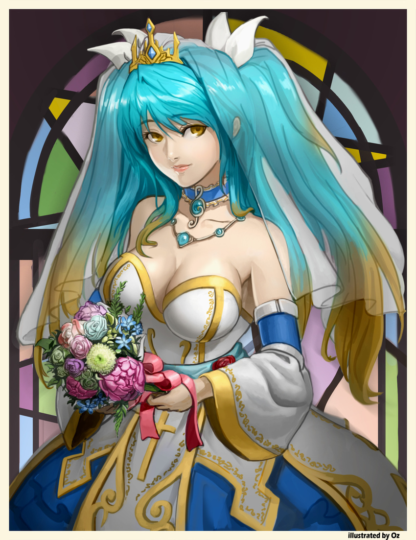 bare_shoulders blonde_hair blue_hair bouquet breasts bridal_veil choker cleavage detached_sleeves dress flower gradient_hair highres jewelry large_breasts league_of_legends lipstick long_hair makeup multicolored_hair necklace oz_(gerbera7) ribbon solo sona_buvelle stained_glass tiara veil wedding_dress yellow_eyes