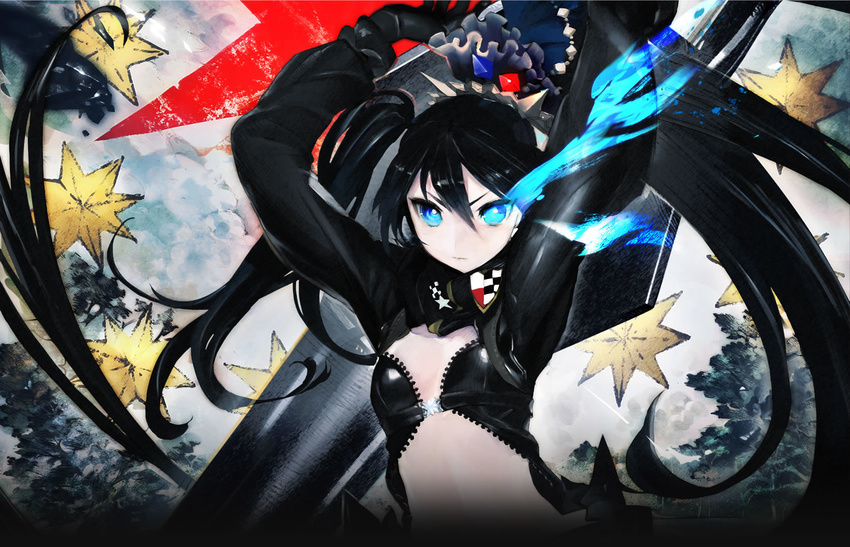 black_hair black_rock_shooter black_rock_shooter_(character) black_rock_shooter_arcana blue_eyes crown highres long_hair official_art solo taiki_(luster) twintails weapon