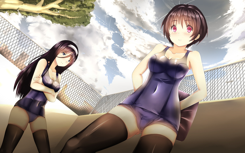 arms_behind_back black_hair black_legwear blue_eyes breasts chain-link_fence chuunibyou_demo_koi_ga_shitai! cleavage commentary company_connection covered_navel crossed_arms crossover dutch_angle empty_pool fence from_below hews_hack highres hyouka irisu_fuyumi kyoto_animation long_hair md5_mismatch medium_breasts multiple_girls one-piece_swimsuit purple_eyes school_swimsuit self_upload short_hair skindentation sky swimsuit thighhighs tsuyuri_kumin