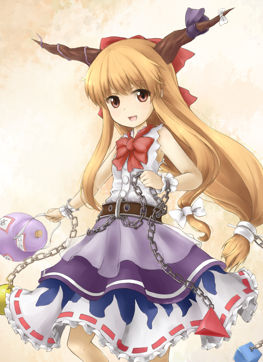 af-henrytz brown_eyes brown_hair chain fang gourd highres horns ibuki_suika long_hair ribbon shirt sleeveless sleeveless_shirt smile solo touhou wrist_cuffs