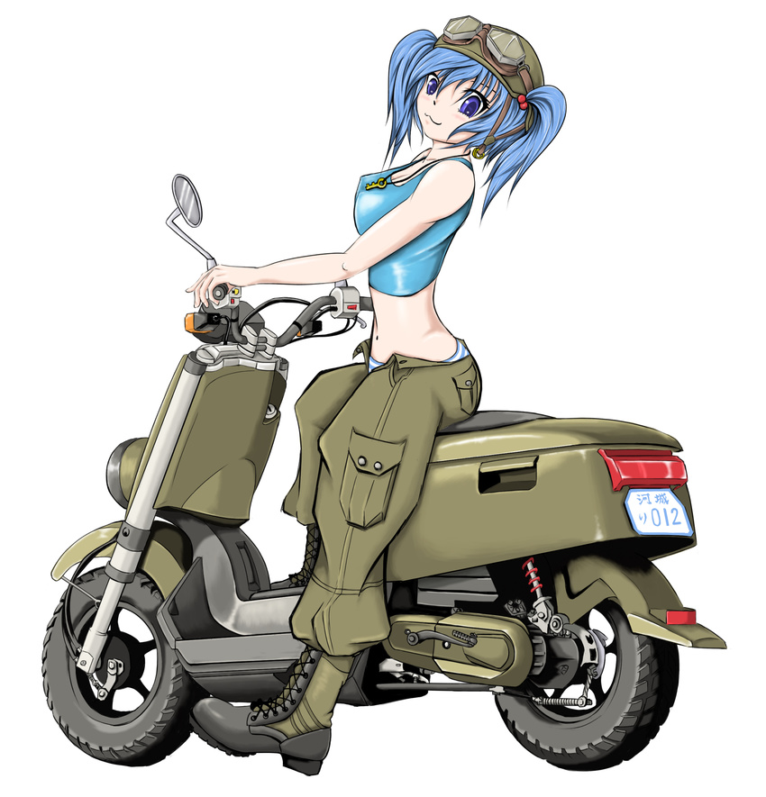 :3 absurdres bad_id bad_pixiv_id bare_shoulders blue_eyes blue_hair boots breasts crop_top full_body goggles goggles_on_head ground_vehicle hair_bobbles hair_ornament helmet highres kawashiro_nitori key large_breasts motor_vehicle panties scooter simple_background smile solo striped striped_panties tank_top touhou touketsu_(ice_blast) two_side_up underwear unzipped white_background yamaha yamaha_c3 yamaha_vox