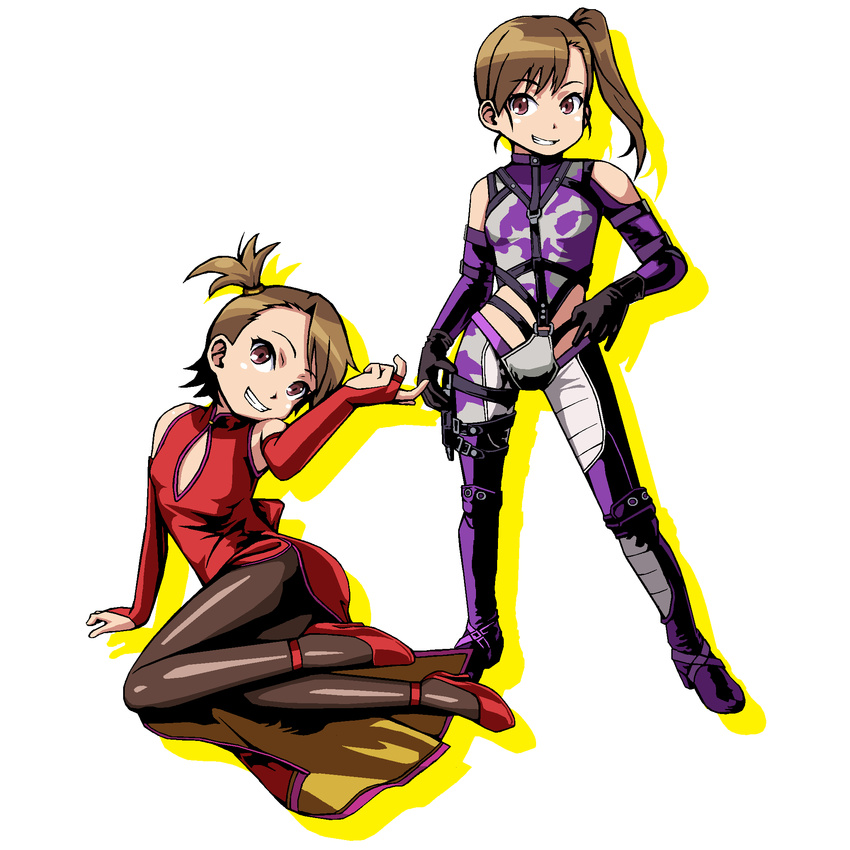 anna_williams anna_williams_(cosplay) bare_shoulders bodysuit bridal_gauntlets brown_eyes brown_hair china_dress chinese_clothes cleavage_cutout company_connection cosplay dress elbow_gloves flat_chest futami_ami futami_mami gloves grin high_heels highres holster idolmaster idolmaster_(classic) long_hair mspaint multiple_girls namco nina_williams nina_williams_(cosplay) pantyhose scrunchie shoes short_hair siblings side_ponytail sisters smile tekken thigh_holster tomonotomono twins