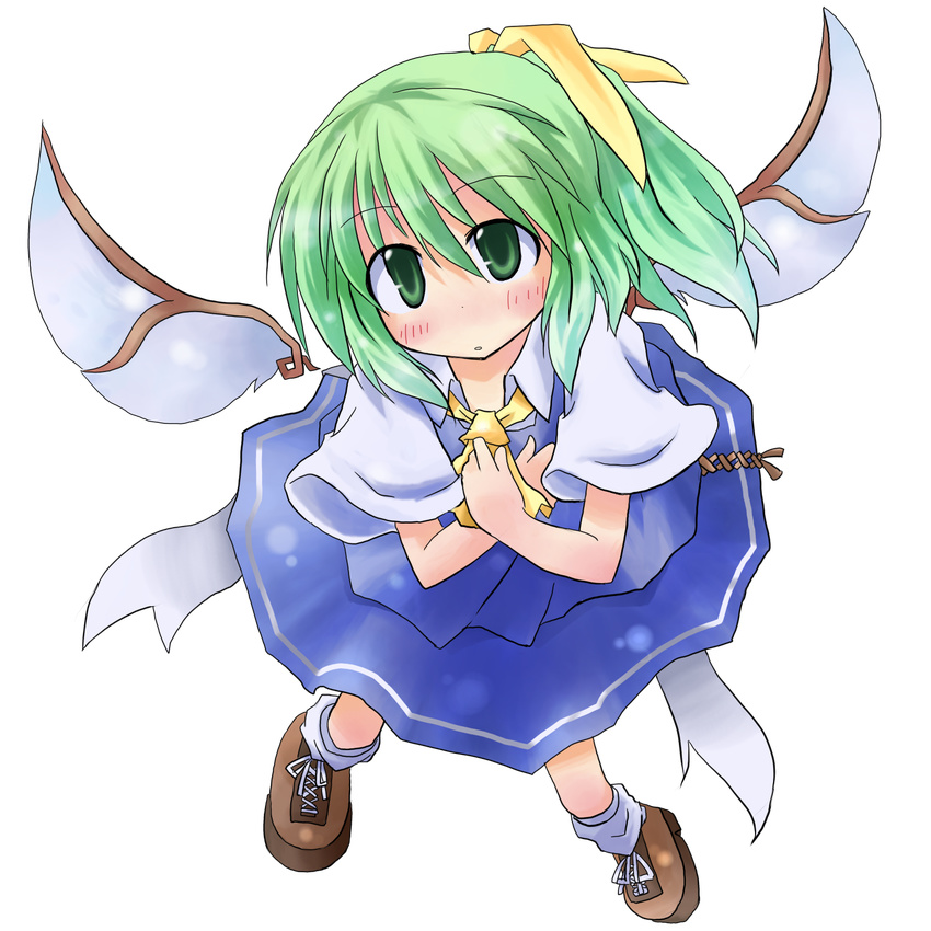 blush daiyousei fairy_wings full_body green_eyes green_hair hair_ornament hands_on_own_chest highres open_mouth shoes short_sleeves side_ponytail skirt skirt_set socks solo touhou transparent_background wings yuuhi_alpha