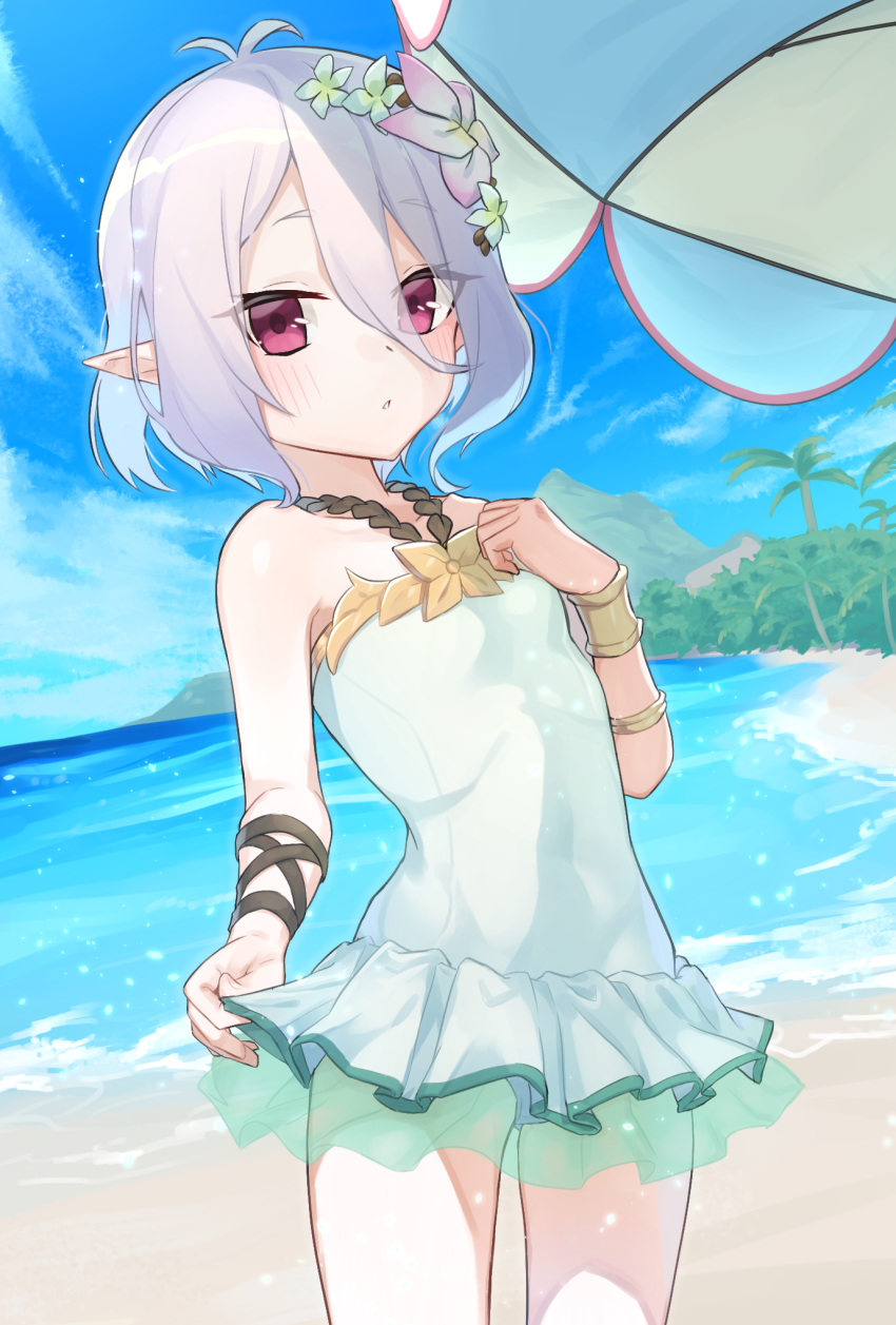 1girl beach beach_umbrella blush bracelet cowboy_shot day flower hair_between_eyes hair_flower hair_ornament highres jewelry kokkoro_(princess_connect!) layered_skirt looking_at_viewer ocean one-piece_swimsuit outdoors parted_lips pleated_skirt pointy_ears princess_connect! princess_connect!_re:dive purple_eyes see-through sho_bu_1116 short_hair skirt solo swimsuit swimsuit_skirt umbrella white_hair