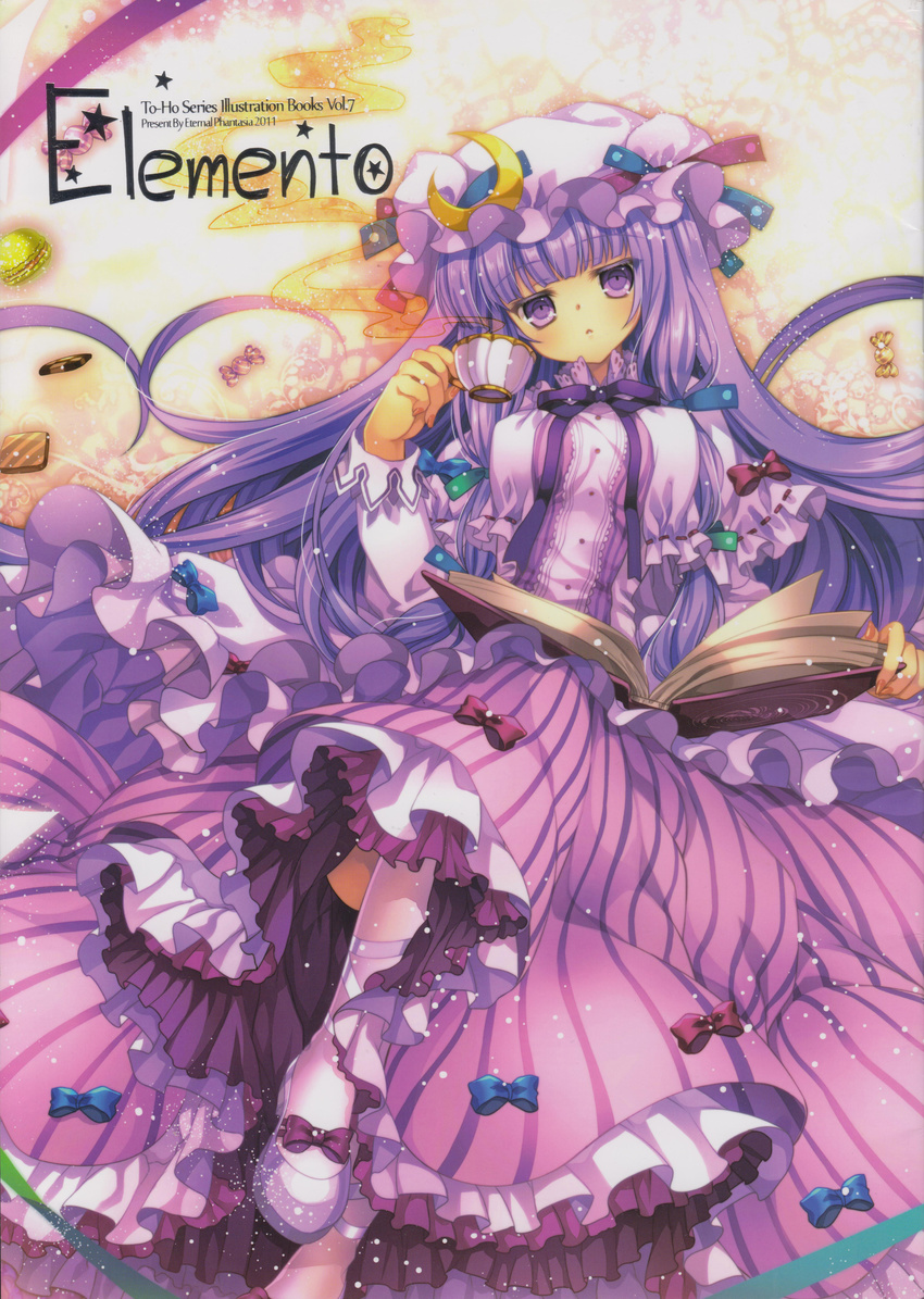 absurdres ankle_lace-up bad_id bad_yandere_id book bow candy candy_wrapper capura_lin checkerboard_cookie cookie cover cover_page crescent cross-laced_footwear cup dress food hat highres long_hair macaron open_book patchouli_knowledge purple purple_eyes purple_hair purple_legwear shoes solo striped teacup touhou vertical_stripes very_long_hair