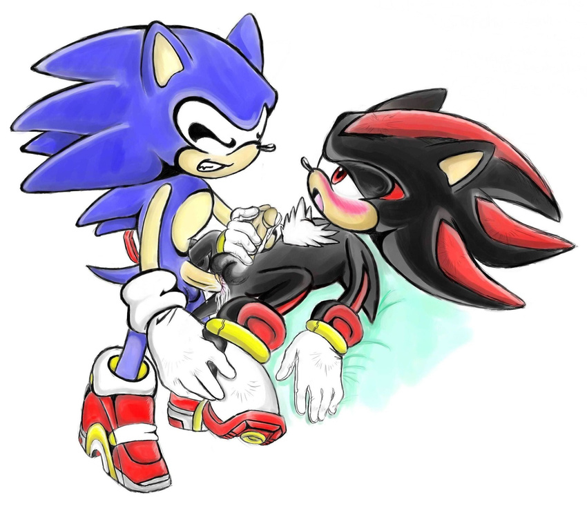 anal_penetration anthro black black_fur blue_hair chest_tuft cum duo fur gay gloves hair hedgehog male mammal open_mouth penetration penis plain_background red_eyes sega sex shadow_the_hedgehog sonic_(series) sonic_the_hedgehog tongue tuft