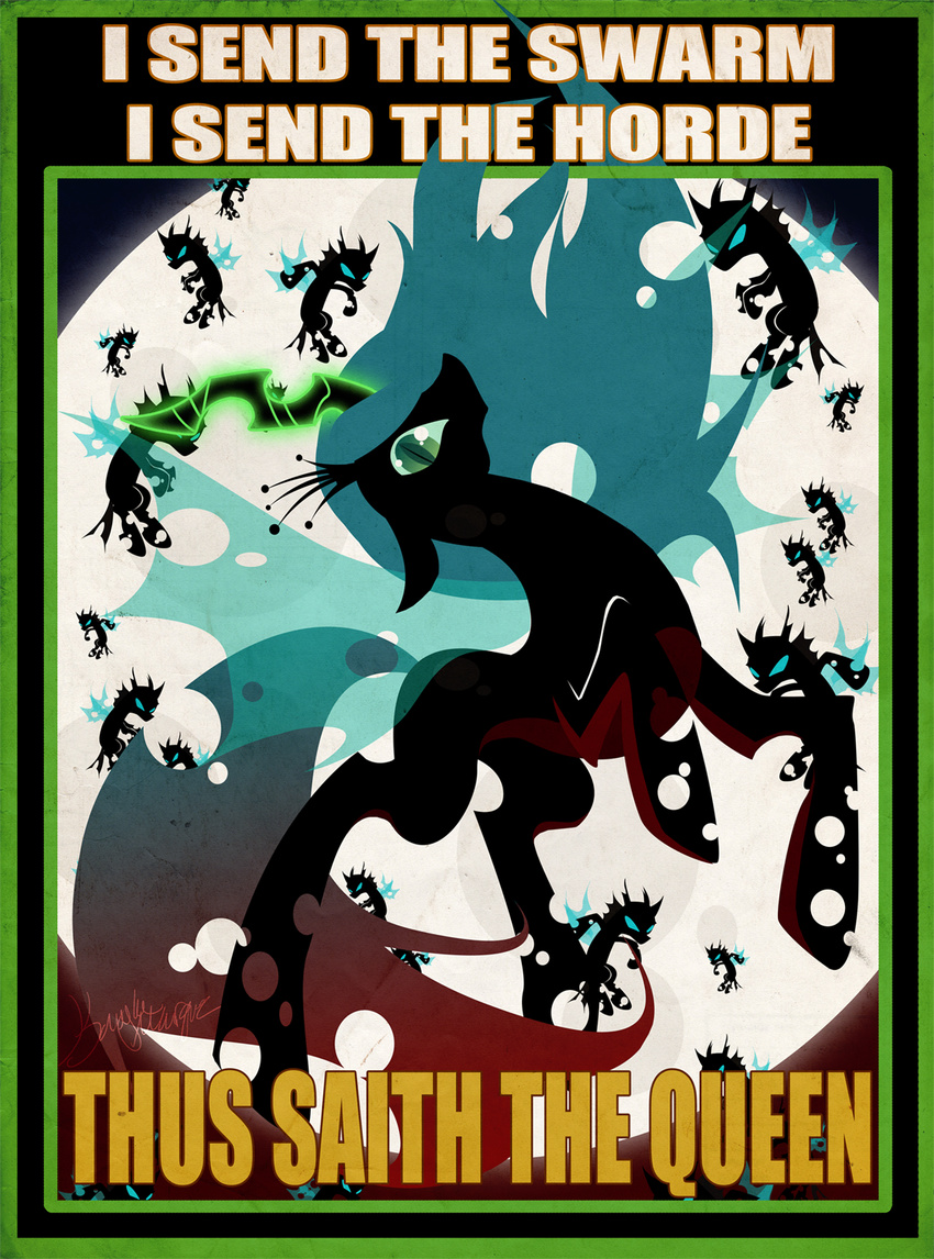 black_fur blue_eyes changeling crown english_text equine female friendship_is_magic fur green_hair hair horn horse mammal moon my_little_pony pony poster queen_chrysalis_(mlp) text the-orator unknown_artist wings