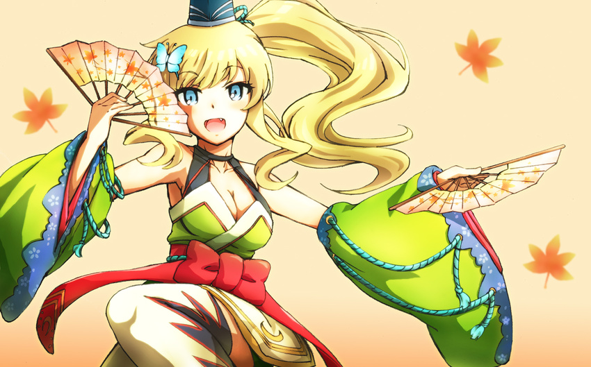 :d bare_shoulders blonde_hair blue_eyes bow breasts butterfly_hair_ornament cleavage detached_sleeves fan fang folding_fan hair_ornament hat idolmaster idolmaster_cinderella_girls japanese_clothes long_hair medium_breasts ootsuki_yui open_mouth paper_fan side_ponytail smile solo suneo_(goten) tate_eboshi thighhighs white_legwear