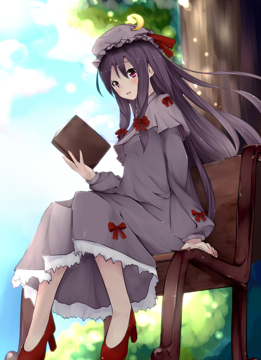 amatsuki_hotaru bench blush book bow crescent dress hair_bow high_heels highres long_hair patchouli_knowledge purple_hair red_eyes ribbon shoes sitting smile solo touhou
