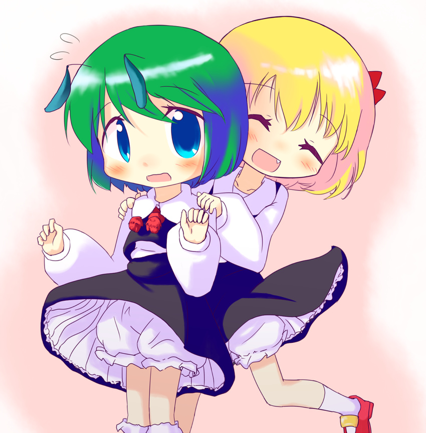 3000mhyouhyouriver antennae blonde_hair bloomers blue_eyes closed_eyes cosplay fang green_hair hands_on_shoulders multiple_girls rumia rumia_(cosplay) touhou underwear wriggle_nightbug