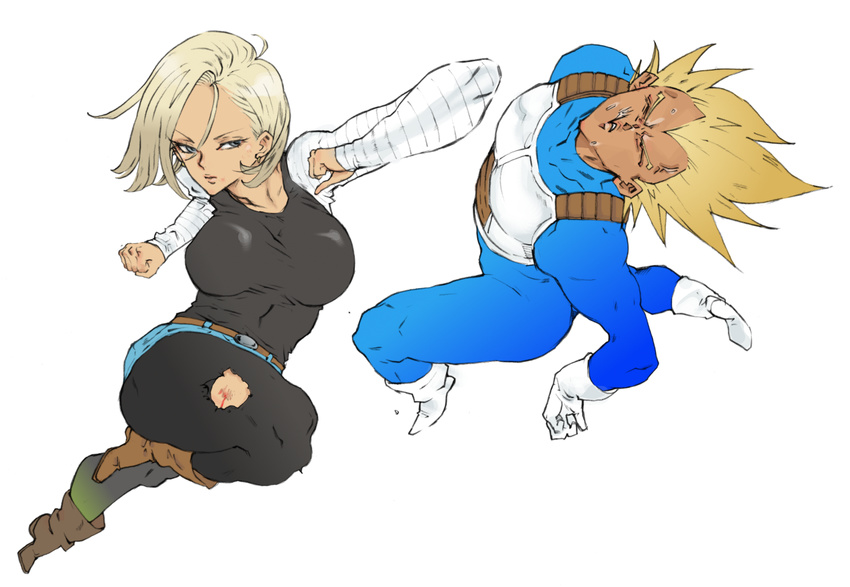 android_18 attack blonde_hair blood blue_eyes boots breasts clenched_hand curvy dragon_ball dragonball_z earrings elbow fighting fist gloves highres jewelry kyura9een kyura_(kyura9een) saiyan short_hair simple_background super_saiyan thick_thighs thighs torn_clothes vegeta white_background